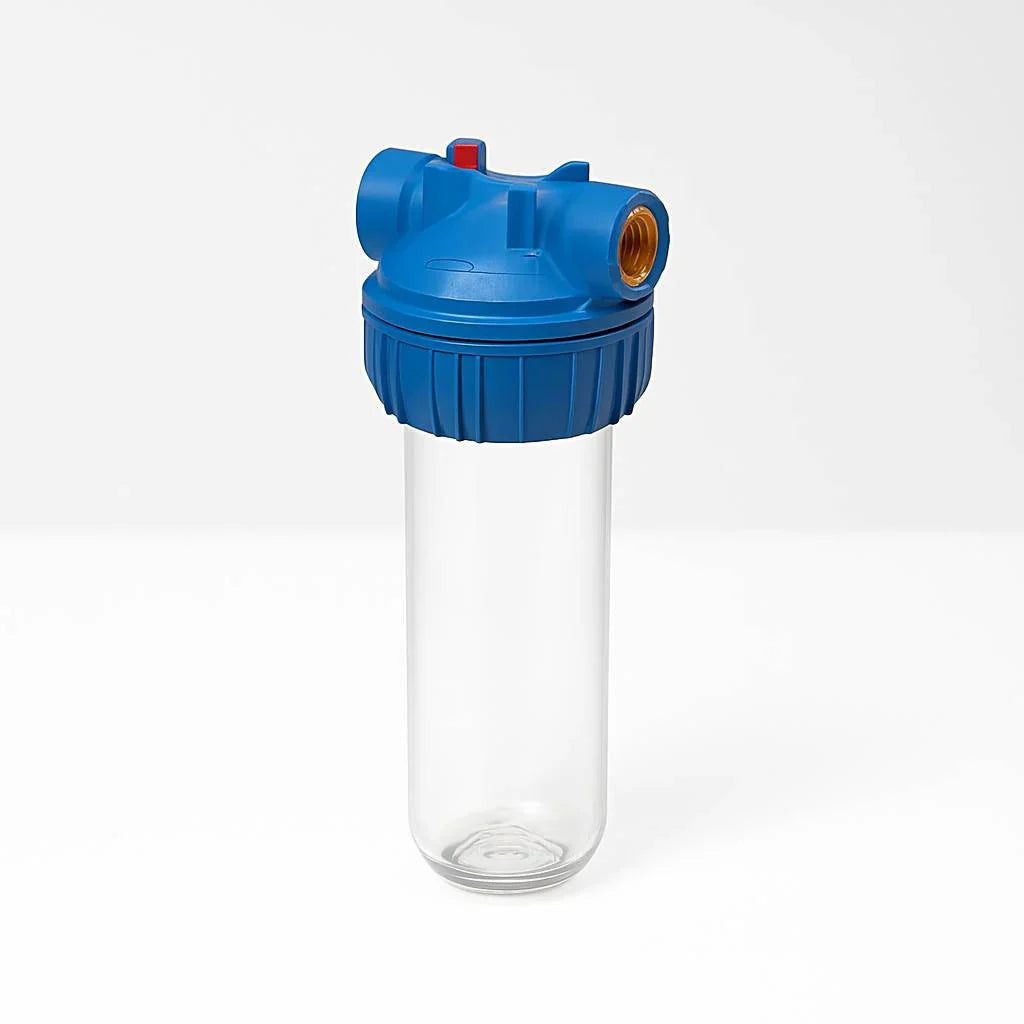 Transparant waterfilter behuizing met blauwe dop, voor waterfiltersystemen en waterontharding.
